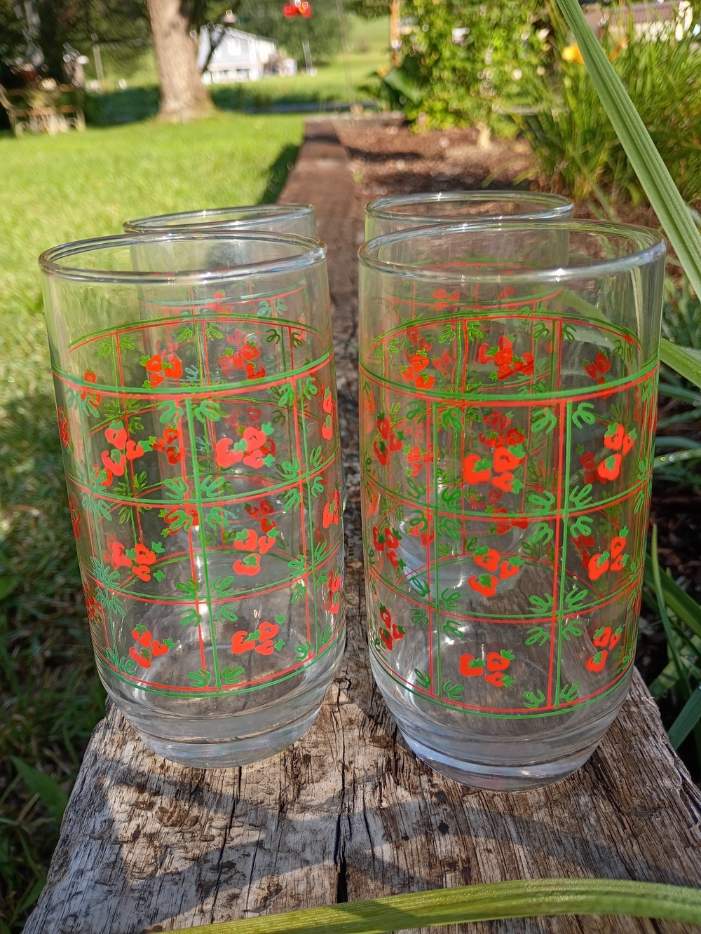 Vtg Set of Anchor Hocking Strawberry & Lattice 5" Drinking Glasses Tumblers
